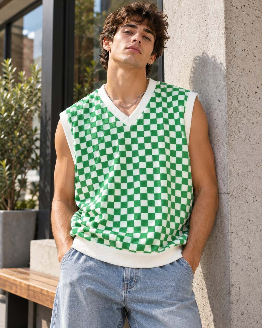 NEOITY Green Checker Knit Vest Free Size